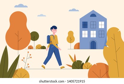 Illustration of a boy going to school. Vector design.