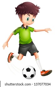 Illustration of a boy with a green shirt playing soccer on a white background