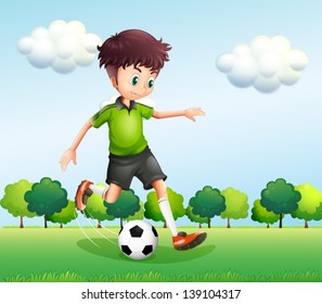 Illustration of a boy with a green t-shirt playing football