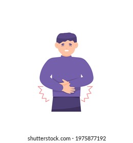 illustration of a boy grimacing in pain due to experiencing or having stomach pain, ulcer, kidney failure, colon cancer, internal disease. holding his stomach. sick person. flat style. design element