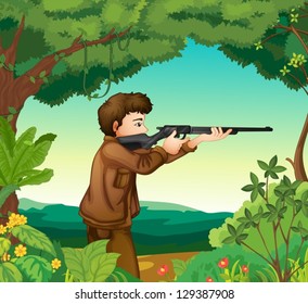 Illustration of a boy with a gun inside the forest