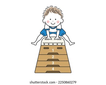 Illustration of a boy in gym clothes jumping on a vaulting box.