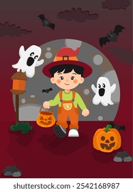 illustration of a boy with halloween costume and holding a pumpkin bucket 