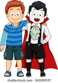 Illustration eines Jungen, der mit einem anderen Jungen ausgeht, der als Vampir verkleidet ist