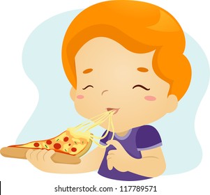 Illustration of a Boy Happily Eating a Slice of Pizza