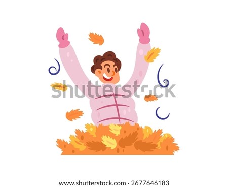 Illustration of a boy happily playing in a pile of leaves. Enjoying and having fun in autumn. Autumn leaves or foliage. Activities and seasons. Flat style character design. White background.