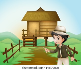 Illustration of a boy with a hat standing near the nipa hut