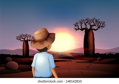 Ilustración de un niño con un sombrero viendo la puesta de sol en el desierto