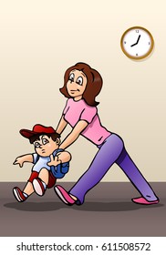 illustration of a boy hate go to school on room background