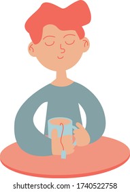 Ilustración de un niño tomando una taza de té y relajándose