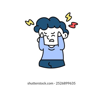 illustration of a boy having a headache. head feels very painful. stress and pressure. psychological and health problems. facial expression. cute character design outline style. elements