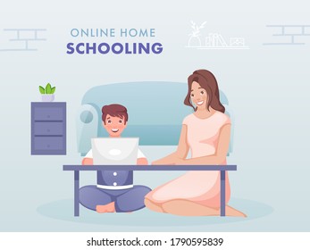 Illustration Of Boy Having Online Study From Laptop Near Modern Woman Sitting in Living Room To Prevent From Coronavirus.