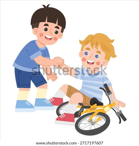 Illustration of Boy Helping Friend on Bicycle