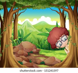 Illustration of a boy hiding at the forest