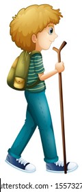 Illustration of a boy hiking with a wood on a white background