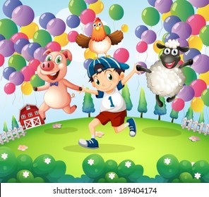 Illustration of a boy and his animals at the farm with floating balloons