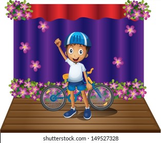 Illustration of a boy and his bike at the center of the stage on a white background