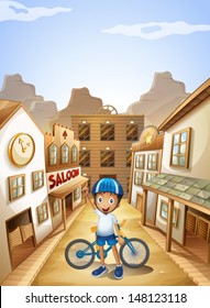 Illustration of a boy and his bike near the saloon bar