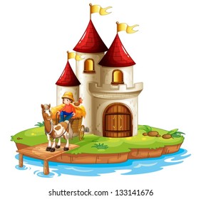 Illustration of a boy and his cart in front of a castle on a white background