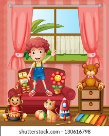 Illustration of a boy with his cat and toys