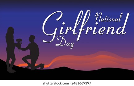 Illustration of a boy with his girlfriend on the Mountains at sunset and bold text, National Girlfriend Day August 1