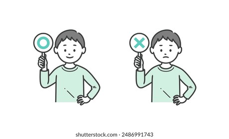 Illustration of a boy with his hands on his hips holding a circle and a cross