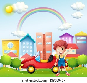 Illustration of a boy and his red car near the high buildings