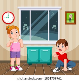 The illustration of the boy and his sister doing the night sport at their home