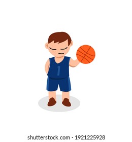 Illustration of boy holding a basket ball. for basketball sport content. Flat cartoon, flat design.