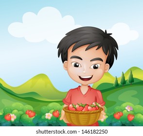 Illustration of a boy holding a basket of strawberries 