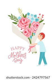 Illustration with a boy holding a bouquet and text - Happy Mother's Day on a white background. Greeting card vector template.