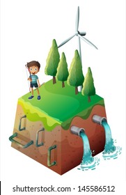 Illustration eines Jungen, der eine Schleife oben auf der Dränage auf weißem Hintergrund hält