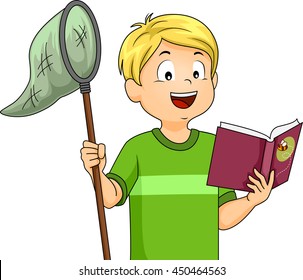 Illustration of a Boy Holding a Butterfly Net While Reading a Book