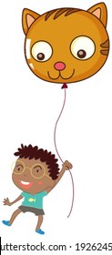 Illustration of a boy holding a cat balloon on a white background