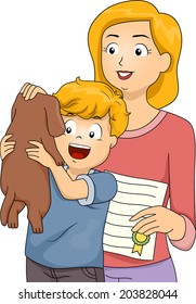 Illustration of a Boy Holding a Dog They Recently Adopted Happily