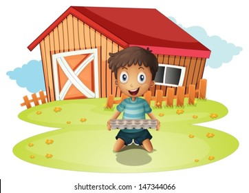 Illustration eines Jungen, der ein Ei-Tablett auf weißem Hintergrund hält