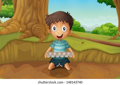 Illustration of a boy holding an eggtray in the forest