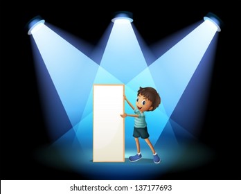 Illustration of a boy holding an empty board with spotlights
