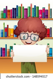 Illustration of a boy holding an empty cardboard standing in front of the bookshelves