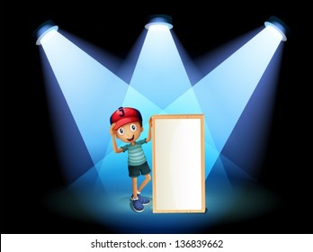 Illustration of a boy holding an empty frame with spotlights
