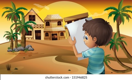 Illustration of a boy holding an empty paper at the desert