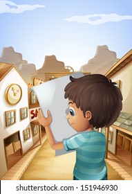 Ilustración de un niño con un pedazo de papel vacío