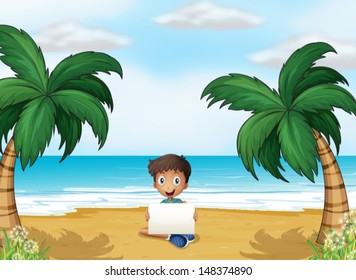 Illustration of a boy holding an empty signage at the beach
