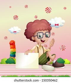 Illustration of a boy holding an empty signage with flying candy balls at the back
