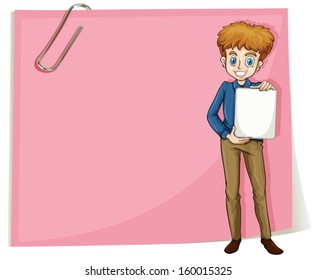 Illustration of a boy holding an empty signage standing in front of an empty paper on a white background