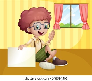 Illustration of a boy holding an empty signboard near the window