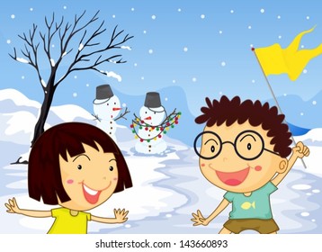 Illustration of a boy holding a flag and a girl cheering together outside with snow
