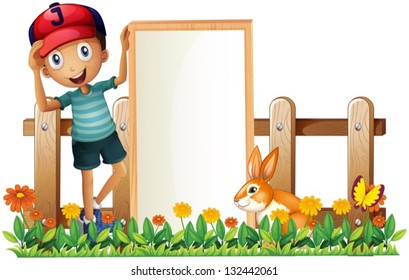 Ilustración de un niño con un cartel vacío enmarcado con un conejo sobre un fondo blanco