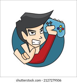 An illustration of a boy holding a game controller. Simple gamer boy logo