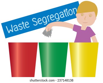 Illustration of a boy Holding a garbage Standing Beside Waste Segregation Trashs vector